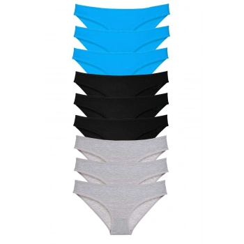 9 adet Süper Eko Set Likralı Kadın Slip Külot Siyah Gri Mavi