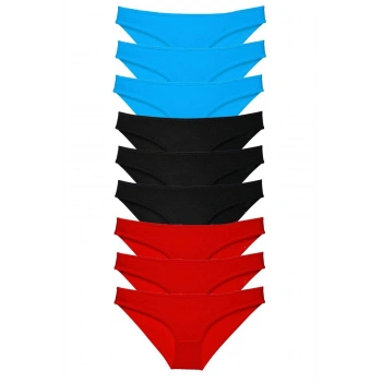 9 adet Süper Eko Set Likralı Kadın Slip Külot Siyah Kırmızı Mavi