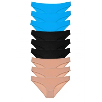 9 adet Süper Eko Set Likralı Kadın Slip Külot Siyah Ten Mavi