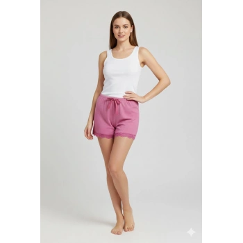 Bambu Fitilli Kadın Ev Şortu Bacak Dantel Detaylı Ev Giyim Fuşya