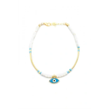 Boncuklu Göz Halhal - Beyaz