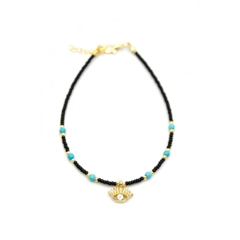 Boncuklu Göz Halhal - Siyah