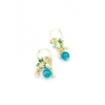 Boncuklu Kelebek Küpe - Turkuaz