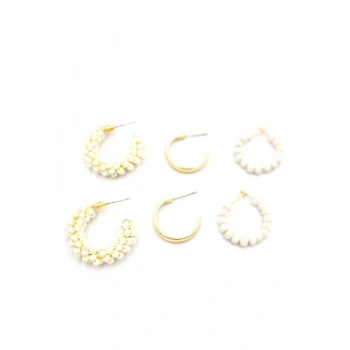 Boncuklu Küpe Seti - Krem