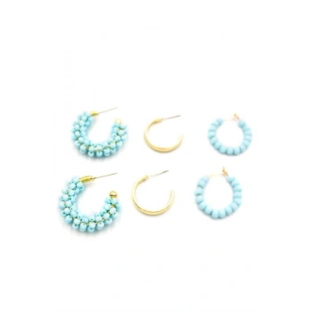 Boncuklu Küpe Seti - Turkuaz