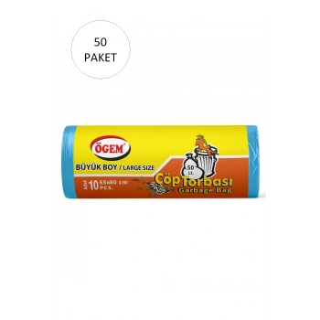 Büyük Boy Çöp Torbası 65 x 80 cm 10 Lu Rulo x 50 Paket = 500 Adet (Mavi)