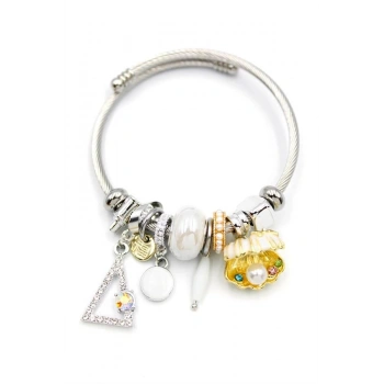 Çelik Charmlı İncili Deniz Kabuğu Bilezik - Beyaz