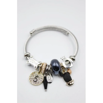 Çelik Charmlı Kaktüs Bilezik - Siyah