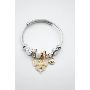 Çelik Charmlı Kelebek Bileklik - Beyaz