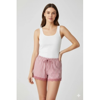 Çizgili Penye Kadın Ev Şortu Bacak Dantel Detaylı Ev Giyim Fuşya