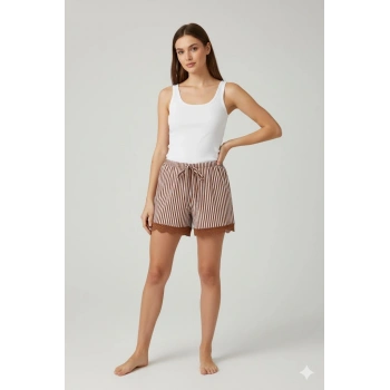 Çizgili Penye Kadın Ev Şortu Bacak Dantel Detaylı Ev Giyim Kahverengi
