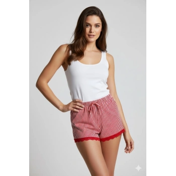 Çizgili Penye Kadın Ev Şortu Bacak Dantel Detaylı Ev Giyim Kırmızı