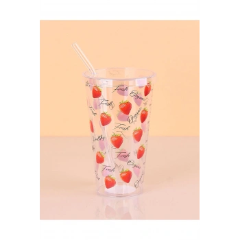 Desenli Plastik Pipetli Bardak 16 Cm 1 Adet Royaleks-ENF-040