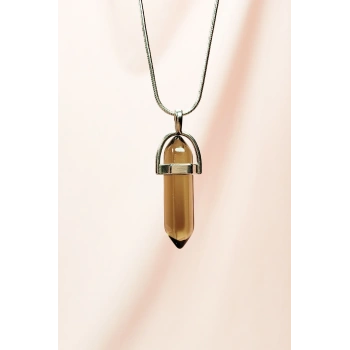 Dumanlı Kuvars Doğal Taşı Zincirli El Yapımı Tasarımlı Kolye Uç: 3,5 cm Zincir: 20 cm Kutulu