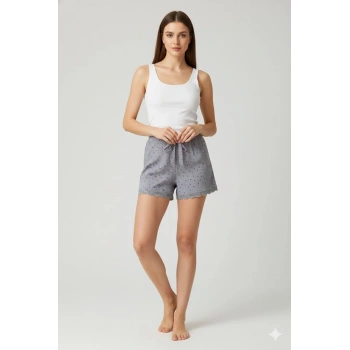 Düz Renk Mini Çiçek Desenli Penye Kadın Ev Şortu Bacak Dantel Detaylı Ev Giyim Gri