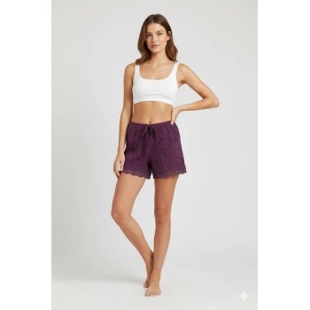 Düz Renk Mini Çiçek Desenli Penye Kadın Ev Şortu Bacak Dantel Detaylı Ev Giyim Gül Kurusu