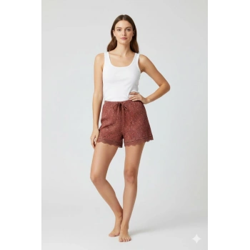 Düz Renk Mini Çiçek Desenli Penye Kadın Ev Şortu Bacak Dantel Detaylı Ev Giyim Taba