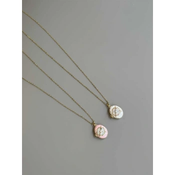 İncili Etnik Desen Kapaklı Kolye - Pembe