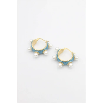 İncili Mineli Halka Küpe - Turkuaz