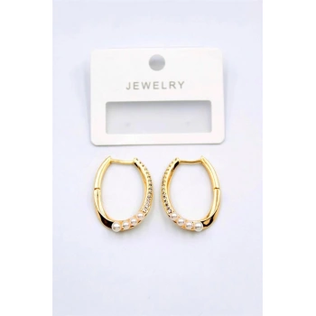 İncili Taşlı Halka Küpe - Altın