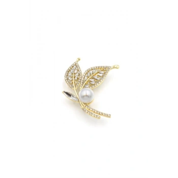 İncili Yaprak Broş - Altın