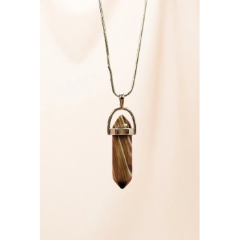 Kahverengi Akik Doğal Taşı Zincirli El Yapımı Tasarımlı Kolye Uç: 3,5 cm Zincir: 20 cm Kutulu