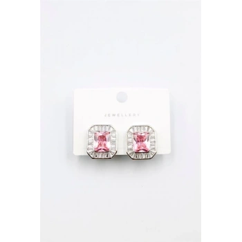 Kare Taşlı Küpe - Pembe