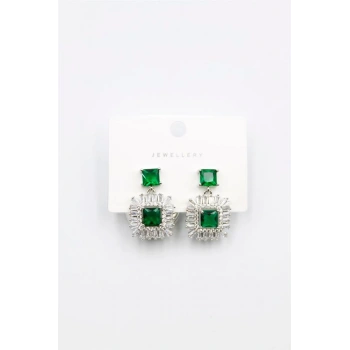 Kare Taşlı Küpe - Yeşil