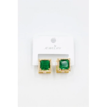 Kare Taşlı Küpe - Yeşil