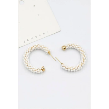 Kristal Boncuk Halka Küpe - Beyaz