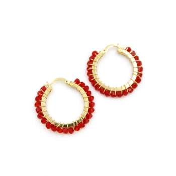 Kristal Boncuk Halka Küpe - Kırmızı