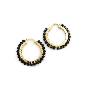 Kristal Boncuk Halka Küpe - Siyah