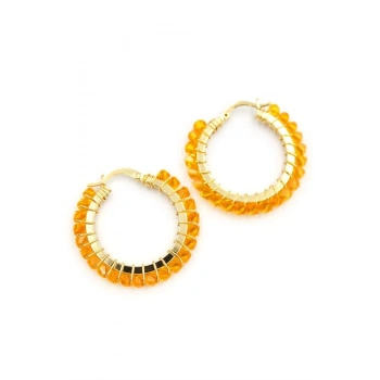 Kristal Boncuk Halka Küpe - Turuncu