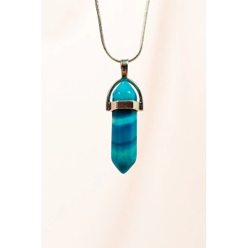 Mavi Akik Doğal Taşı Zincirli El Yapımı Tasarımlı Kolye Uç: 3,5 cm Zincir: 20 cm Kutulu