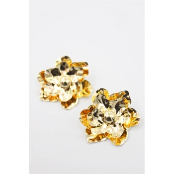 Metal Çiçek Küpe - Altın