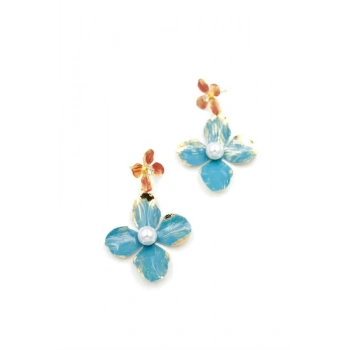 Metal Çiçek Küpe - Turkuaz