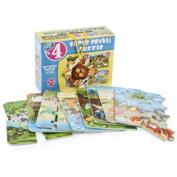 Mey İthalat® 1481 Süper Renkli 4lü Puzzle - Hayvanlar / 8+12+16+24 Parça Puzzle