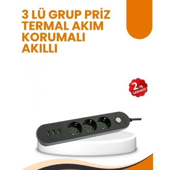 Mey İthalat® 2 Metre Kablolu 3 USB Portlu Anahtarlı Üçlü Priz