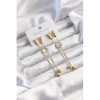 Mey İthalat® 316L Çelik Altın Renk Sallantılı Düğüm Model Kelebek Küpe