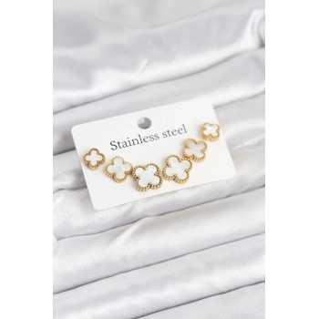 Mey İthalat® 316L Çelik Gold Beyaz Renk 3 Boy Yonca Küpe Seti