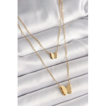 Mey İthalat® 316L Çelik Gold Renk 2Li Simli Kelebek Model Kadın Kolye