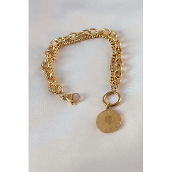 Mey İthalat® 316L Çelik Gold Renk 2li Zincir Model Çeyrek Altınlı Kadın Bileklik