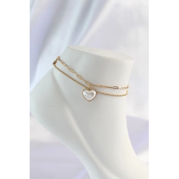 Mey İthalat® 316L Çelik Gold Renk Beyaz Kalpli 2li Halhal