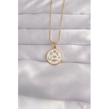 Mey İthalat® 316L Çelik Gold Renk Beyaz Mineli Karışık Figürlü Tarot Kolye