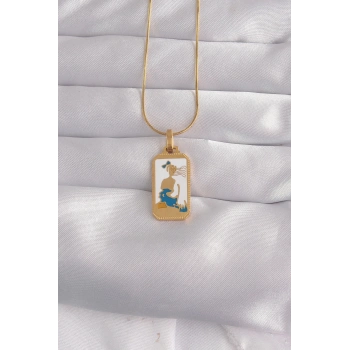Mey İthalat® 316L Çelik Gold Renk Beyaz Mineli Kız Figür Tarot Kolye