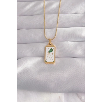 Mey İthalat® 316L Çelik Gold Renk Beyaz Mineli Tarot Kolye