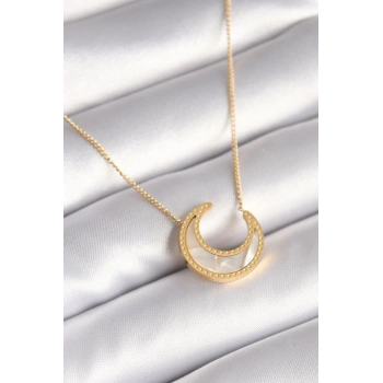 Mey İthalat® 316L Çelik Gold Renk Beyaz Sedefli Hilal Model Kadın Kolye