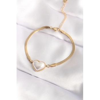 Mey İthalat® 316L Çelik Gold Renk Bombeli Kalp Kadın Bileklik
