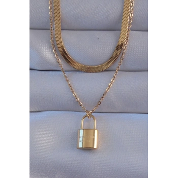 Mey İthalat® 316L Çelik Gold Renk Çift Zincir Kilit Model Kolye