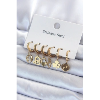 Mey İthalat® 316L Çelik Gold Renk Çoklu Figür Model Kadın Küpe Seti